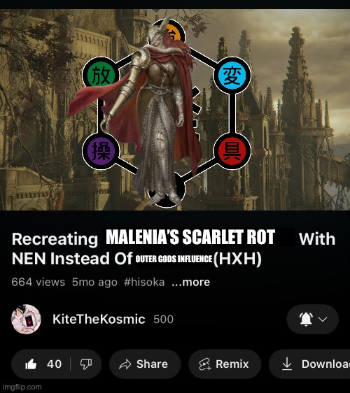 MALENIA’S SCARLET ROT; OUTER GODS INFLUENCE | image tagged in memes,elden ring,hunter x hunter,anime meme,shitpost,lol | made w/ Imgflip meme maker