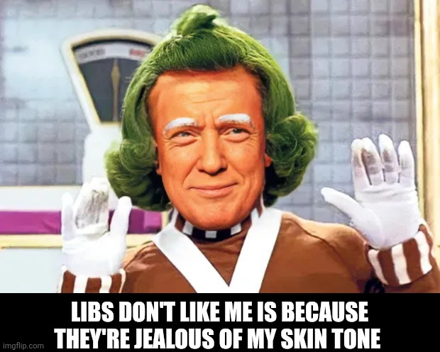 Orangman good | LIBS DON'T LIKE ME IS BECAUSE THEY'RE JEALOUS OF MY SKIN TONE | image tagged in oompa loompa trump,donald trump,orange,skin,libtards | made w/ Imgflip meme maker
