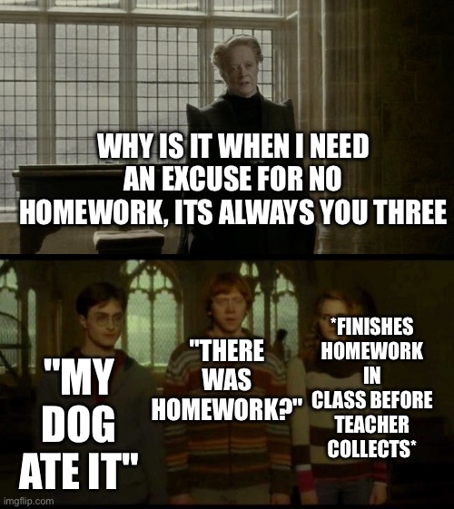 homework | WHY IS IT WHEN I NEED AN EXCUSE FOR NO HOMEWORK, ITS ALWAYS YOU THREE; "THERE WAS HOMEWORK?"; *FINISHES HOMEWORK IN CLASS BEFORE TEACHER COLLECTS*; "MY DOG ATE IT" | image tagged in why is it when something happens blank,homework,school | made w/ Imgflip meme maker