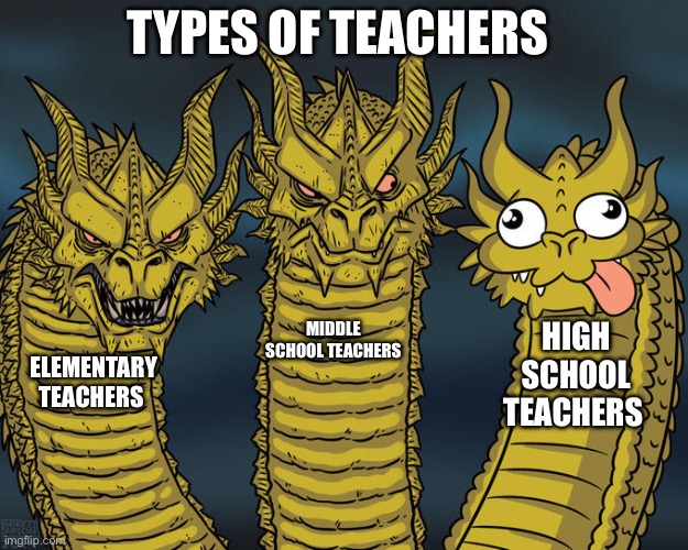 Jvcgbvfccccvvvvvh | TYPES OF TEACHERS; MIDDLE SCHOOL TEACHERS; HIGH SCHOOL TEACHERS; ELEMENTARY TEACHERS | image tagged in three-headed dragon | made w/ Imgflip meme maker