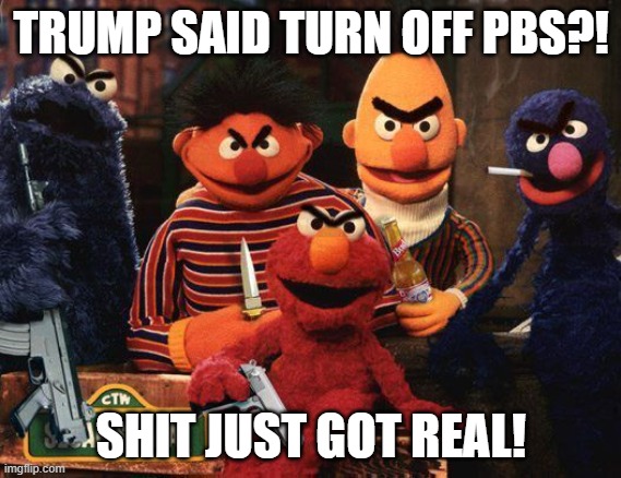 When Trump cuts funds to PBS Kids | TRUMP SAID TURN OFF PBS?! SHIT JUST GOT REAL! | image tagged in sesame street,elmo,donald trump,trump,donald trump the clown,pbs kids | made w/ Imgflip meme maker
