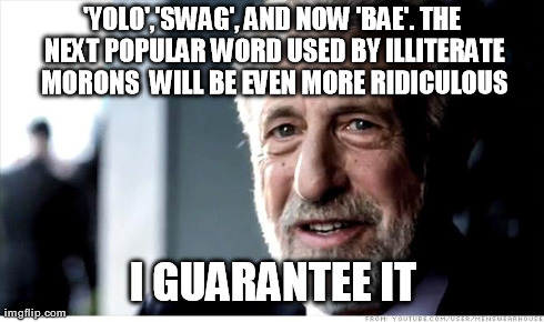 I Guarantee It | 'YOLO','SWAG', AND NOW 'BAE'. THE NEXT POPULAR WORD USED BY ILLITERATE MORONS  WILL BE EVEN MORE RIDICULOUS I GUARANTEE IT | image tagged in memes,i guarantee it | made w/ Imgflip meme maker