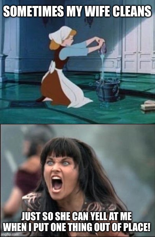 wife likes to yell at me | SOMETIMES MY WIFE CLEANS; JUST SO SHE CAN YELL AT ME WHEN I PUT ONE THING OUT OF PLACE! | image tagged in cinderella cleaning,angry xena,marriage,funny,memes | made w/ Imgflip meme maker