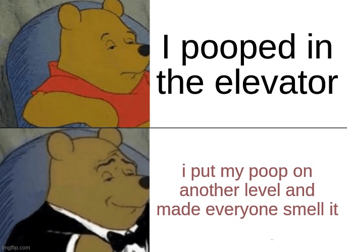 Poo poo winnie the poo lol | I pooped in the elevator; i put my poop on another level and made everyone smell it | image tagged in memes,tuxedo winnie the pooh | made w/ Imgflip meme maker