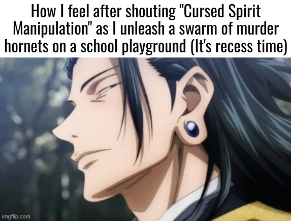JJK | How I feel after shouting "Cursed Spirit Manipulation" as I unleash a swarm of murder hornets on a school playground (It's recess time) | image tagged in geto | made w/ Imgflip meme maker