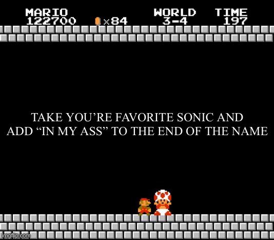 Go on do it :3 | TAKE YOU’RE FAVORITE SONIC AND ADD “IN MY ASS” TO THE END OF THE NAME | image tagged in thank you mario | made w/ Imgflip meme maker
