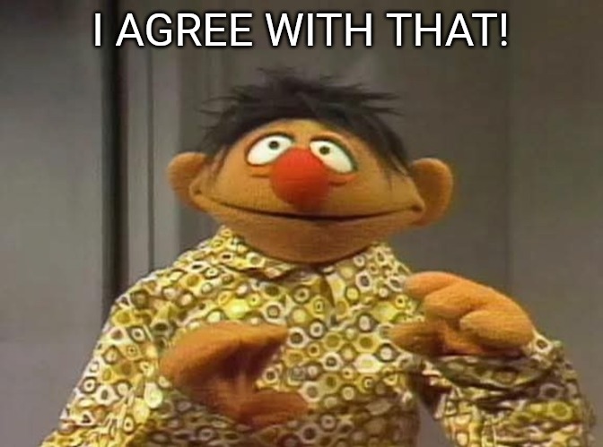 Ernie shocked by what he saw | I AGREE WITH THAT! | image tagged in ernie shocked by what he saw | made w/ Imgflip meme maker
