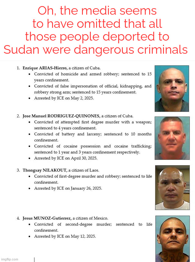 More media omission of the truth | Oh, the media seems to have omitted that all those people deported to Sudan were dangerous criminals | image tagged in trump,deporting foreign criminals,triggers libs | made w/ Imgflip meme maker
