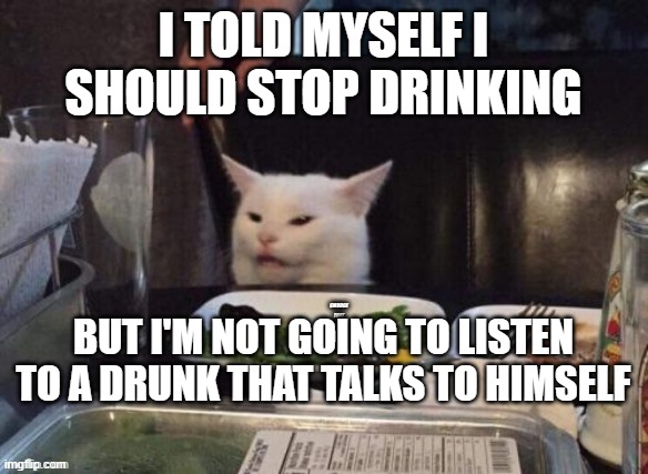 stop drinking | I TOLD MYSELF I SHOULD STOP DRINKING; BUT I'M NOT GOING TO LISTEN TO A DRUNK THAT TALKS TO HIMSELF | image tagged in smudge that darn cat | made w/ Imgflip meme maker