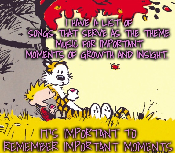 Did you hear the one about | I HAVE A LIST OF SONGS THAT SERVE AS THE THEME MUSIC FOR IMPORTANT MOMENTS OF GROWTH AND INSIGHT. IT'S IMPORTANT TO REMEMBER IMPORTANT MOMEN | image tagged in did you hear the one about | made w/ Imgflip meme maker