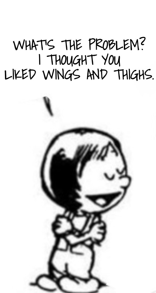 Susie commentary | WHAT'S THE PROBLEM? I THOUGHT YOU LIKED WINGS AND THIGHS. | image tagged in susie commentary | made w/ Imgflip meme maker