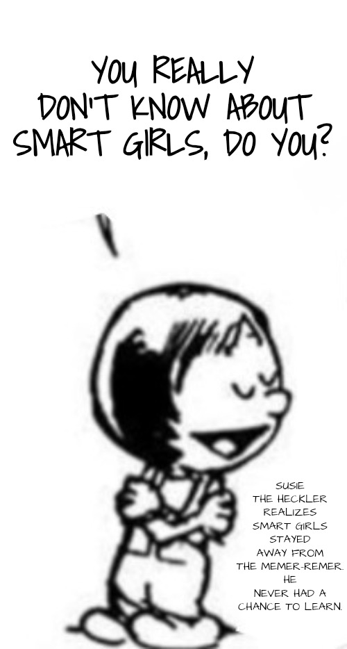 Susie commentary | YOU REALLY DON'T KNOW ABOUT SMART GIRLS, DO YOU? SUSIE THE HECKLER REALIZES SMART GIRLS STAYED AWAY FROM THE MEMER-REMER. HE NEVER HAD A CHA | image tagged in susie commentary | made w/ Imgflip meme maker