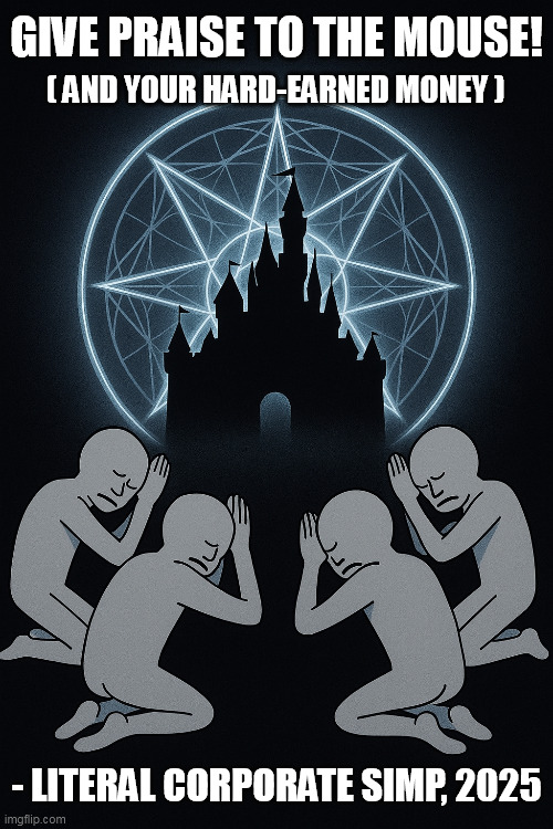 Give Praise to the Mouse and your Money | GIVE PRAISE TO THE MOUSE! ( AND YOUR HARD-EARNED MONEY ); - LITERAL CORPORATE SIMP, 2025 | image tagged in npcs bowing down to the evil magical kingdom | made w/ Imgflip meme maker