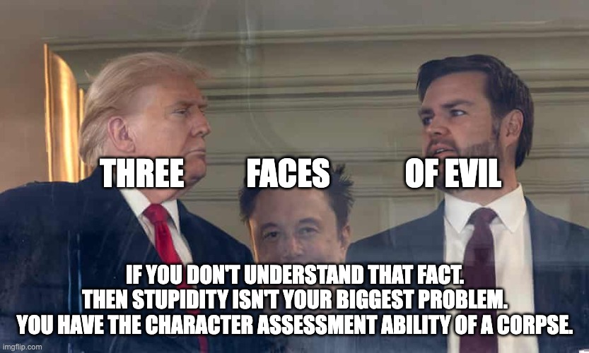 3 faces of evil | THREE          FACES            OF EVIL; IF YOU DON'T UNDERSTAND THAT FACT.
THEN STUPIDITY ISN'T YOUR BIGGEST PROBLEM.
YOU HAVE THE CHARACTER ASSESSMENT ABILITY OF A CORPSE. | image tagged in trump vance musk | made w/ Imgflip meme maker