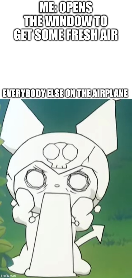 Airplane | ME: OPENS THE WINDOW TO GET SOME FRESH AIR; EVERYBODY ELSE ON THE AIRPLANE | image tagged in airplane,kuromi | made w/ Imgflip meme maker