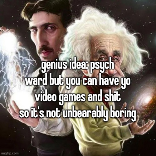 genius idea: psych ward but you can have yo video games and shit so it's not unbearably boring | made w/ Imgflip meme maker