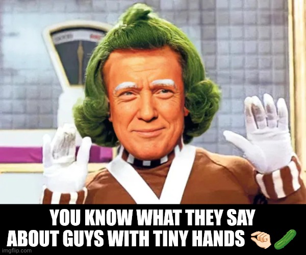 Small Willy Wonka | YOU KNOW WHAT THEY SAY ABOUT GUYS WITH TINY HANDS 🤏🏻🥒 | image tagged in oompa loompa trump | made w/ Imgflip meme maker