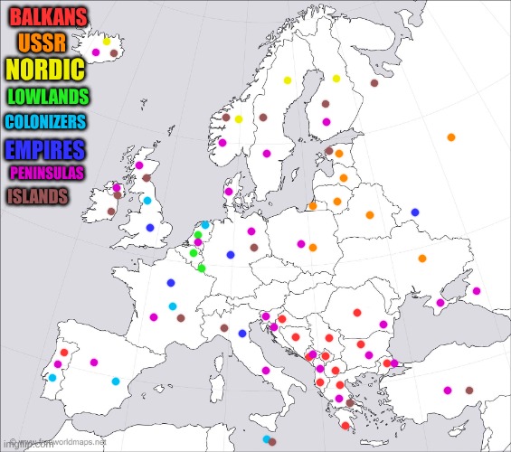 Europe in a nutshell | USSR; BALKANS; NORDIC; LOWLANDS; COLONIZERS; EMPIRES; PENINSULAS; ISLANDS | image tagged in blank europe map | made w/ Imgflip meme maker
