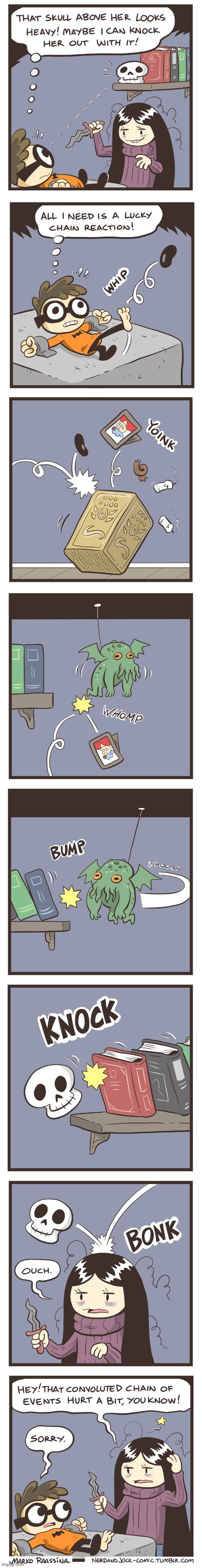 image tagged in nerd,olga,skull,chain reaction,knock,fail | made w/ Imgflip meme maker