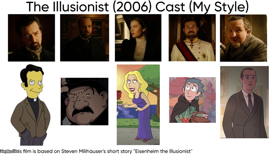 The Illusionist (2006) Cast (My Style) | image tagged in the illusionist 2006 cast my style,meme,memes,spoof cast,the illusionist,characters | made w/ Imgflip meme maker