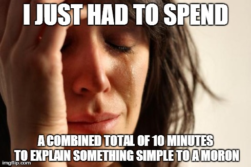 First World Problems | I JUST HAD TO SPEND A COMBINED TOTAL OF 10 MINUTES TO EXPLAIN SOMETHING SIMPLE TO A MORON | image tagged in memes,first world problems | made w/ Imgflip meme maker