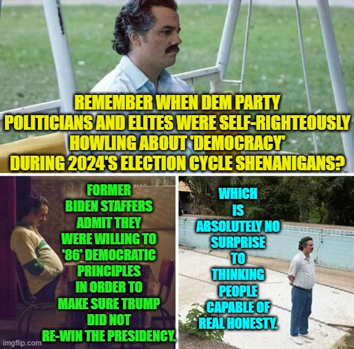 In dribbles and dabs the 'truth' is finally surfacing.  As always, conservatives were correct. | REMEMBER WHEN DEM PARTY POLITICIANS AND ELITES WERE SELF-RIGHTEOUSLY HOWLING ABOUT 'DEMOCRACY' DURING 2024'S ELECTION CYCLE SHENANIGANS? WHICH IS ABSOLUTELY NO SURPRISE TO THINKING PEOPLE CAPABLE OF REAL HONESTY. FORMER BIDEN STAFFERS ADMIT THEY WERE WILLING TO '86' DEMOCRATIC PRINCIPLES IN ORDER TO MAKE SURE TRUMP DID NOT RE-WIN THE PRESIDENCY. | image tagged in sad pablo escobar | made w/ Imgflip meme maker