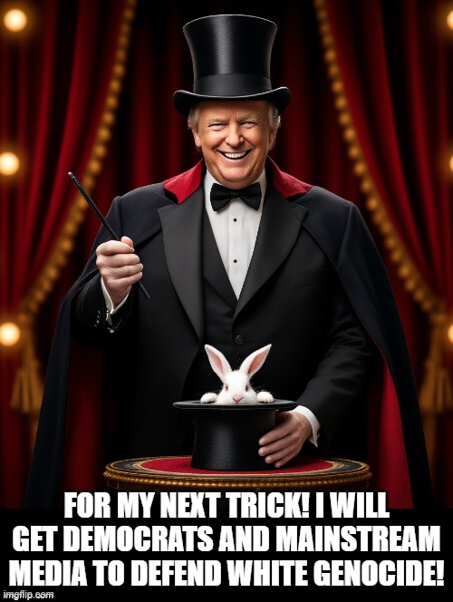 For my next trick!! | FOR MY NEXT TRICK! I WILL GET DEMOCRATS AND MAINSTREAM MEDIA TO DEFEND WHITE GENOCIDE! | image tagged in genocide | made w/ Imgflip meme maker