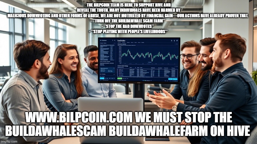 THE BILPCOIN TEAM IS HERE TO SUPPORT HIVE AND REVEAL THE TRUTH. MANY INDIVIDUALS HAVE BEEN HARMED BY MALICIOUS DOWNVOTING AND OTHER FORMS OF ABUSE. WE ARE NOT MOTIVATED BY FINANCIAL GAIN—OUR ACTIONS HAVE ALREADY PROVEN THAT.  
- **TURN OFF THE BUILDAWHALE SCAM FARM**  
- **STOP THE BAD DOWNVOTES**  
- **STOP PLAYING WITH PEOPLE’S LIVELIHOODS**; WWW.BILPCOIN.COM WE MUST STOP THE BUILDAWHALESCAM BUILDAWHALEFARM ON HIVE | made w/ Imgflip meme maker