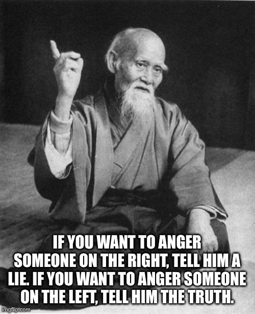 Wise Master | IF YOU WANT TO ANGER SOMEONE ON THE RIGHT, TELL HIM A LIE. IF YOU WANT TO ANGER SOMEONE ON THE LEFT, TELL HIM THE TRUTH. | image tagged in wise master | made w/ Imgflip meme maker