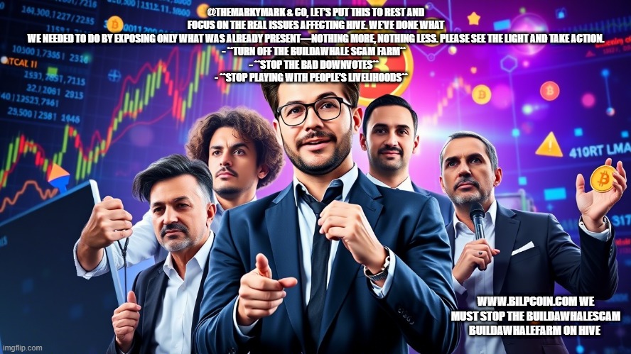 @THEMARKYMARK & CO, LET’S PUT THIS TO REST AND FOCUS ON THE REAL ISSUES AFFECTING HIVE. WE’VE DONE WHAT WE NEEDED TO DO BY EXPOSING ONLY WHAT WAS ALREADY PRESENT—NOTHING MORE, NOTHING LESS. PLEASE SEE THE LIGHT AND TAKE ACTION.
- **TURN OFF THE BUILDAWHALE SCAM FARM**  
- **STOP THE BAD DOWNVOTES**  
- **STOP PLAYING WITH PEOPLE’S LIVELIHOODS**; WWW.BILPCOIN.COM WE MUST STOP THE BUILDAWHALESCAM BUILDAWHALEFARM ON HIVE | made w/ Imgflip meme maker