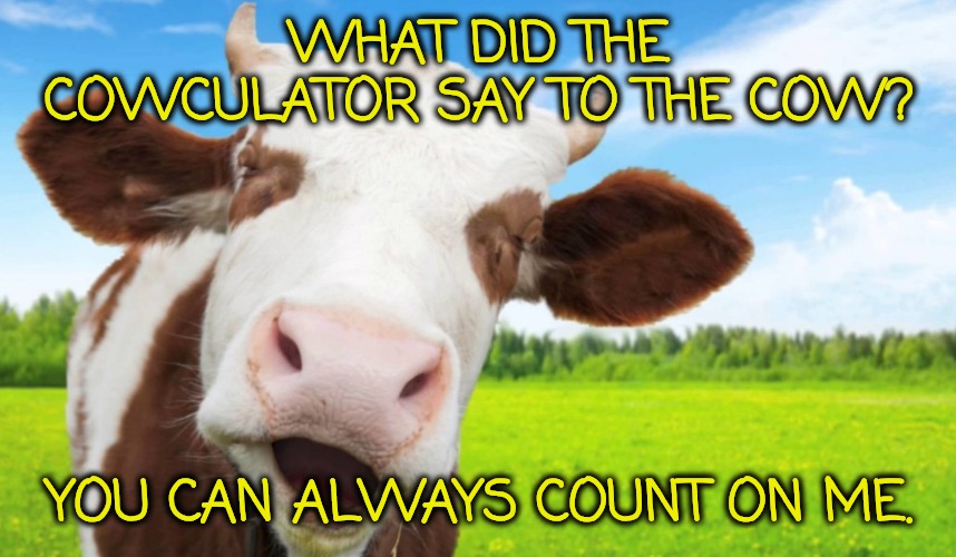 Laughing cow | WHAT DID THE COWCULATOR SAY TO THE COW? YOU CAN ALWAYS COUNT ON ME. | image tagged in laughing cow | made w/ Imgflip meme maker