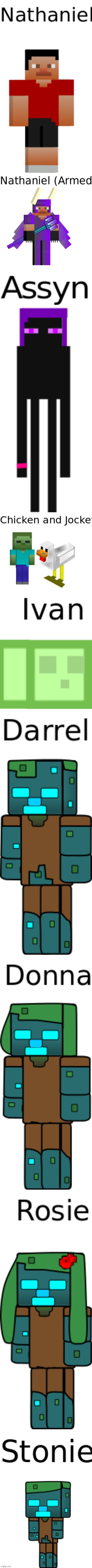 my minecraft movie ocs lol (i do not own chicken or jockey i just want them to be part of my story to hopefully submit someday). | image tagged in minecraft,movie,minecraft movie,enderman,drowned,chicken jockey | made w/ Imgflip meme maker