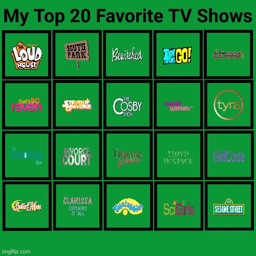Otto Grimsley's Top 20 TV Shows | image tagged in the loud house,sesame street,south park,bewitched,teen titans go,sailor moon | made w/ Imgflip meme maker