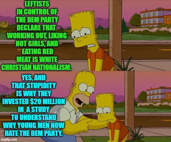Hey Dems . . . keep doing what you are doing! | LEFTISTS IN CONTROL OF THE DEM PARTY DECLARE THAT  WORKING OUT, LIKING HOT GIRLS, AND  EATING RED MEAT IS WHITE CHRISTIAN NATIONALISM. YES, AND THAT STUPIDITY IS WHY THEY INVESTED $20 MILLION IN  A STUDY TO UNDERSTAND WHY YOUNG MEN NOW HATE THE DEM PARTY. | image tagged in homer and bart worst day so far | made w/ Imgflip meme maker