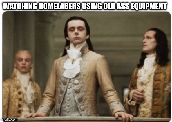 Superior Royalty | WATCHING HOMELABERS USING OLD ASS EQUIPMENT | image tagged in superior royalty | made w/ Imgflip meme maker