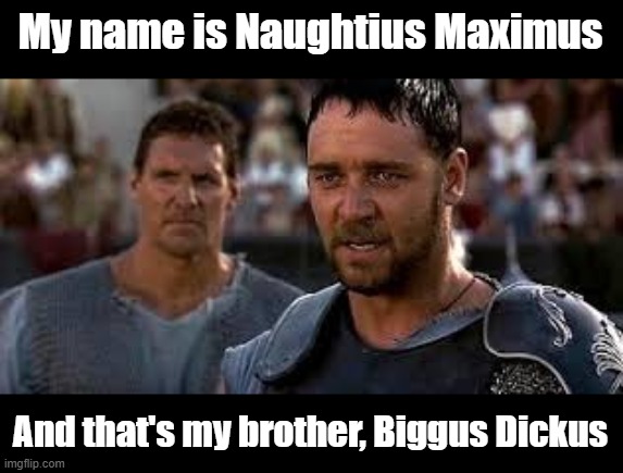 I shall welease Woger | My name is Naughtius Maximus; And that's my brother, Biggus Dickus | image tagged in gladiator,life of brian | made w/ Imgflip meme maker