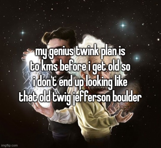 Nikola Tesla & Albert Einstein | my genius twink plan is to kms before i get old so i don't end up looking like that old twig jefferson boulder | image tagged in nikola tesla albert einstein | made w/ Imgflip meme maker