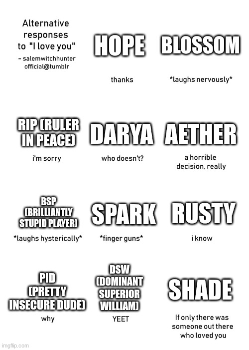 The Elements gang | BLOSSOM; HOPE; DARYA; AETHER; RIP (RULER IN PEACE); RUSTY; SPARK; BSP (BRILLIANTLY STUPID PLAYER); DSW (DOMINANT SUPERIOR WILLIAM); SHADE; PID (PRETTY INSECURE DUDE) | image tagged in alternative responses to i love you blank,ocs | made w/ Imgflip meme maker