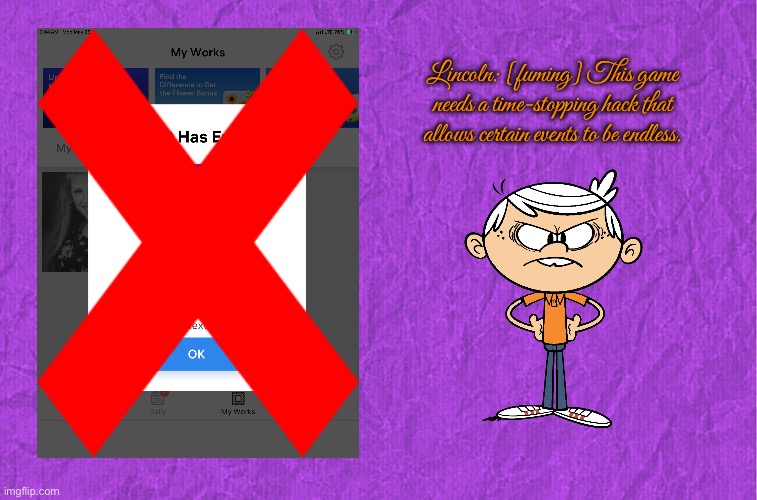 Time-Stopping Hack for Pixel Art | Lincoln: [fuming] This game needs a time-stopping hack that allows certain events to be endless. | image tagged in generic purple background,the loud house,lincoln loud,angry,ipad,game | made w/ Imgflip meme maker