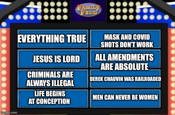 Things that trigger leftists | EVERYTHING TRUE JESUS IS LORD CRIMINALS ARE ALWAYS ILLEGAL ALL AMENDMENTS ARE ABSOLUTE MASK AND COVID SHOTS DON’T WORK MEN CAN NEVER BE WOME | image tagged in family feud survey board | made w/ Imgflip meme maker
