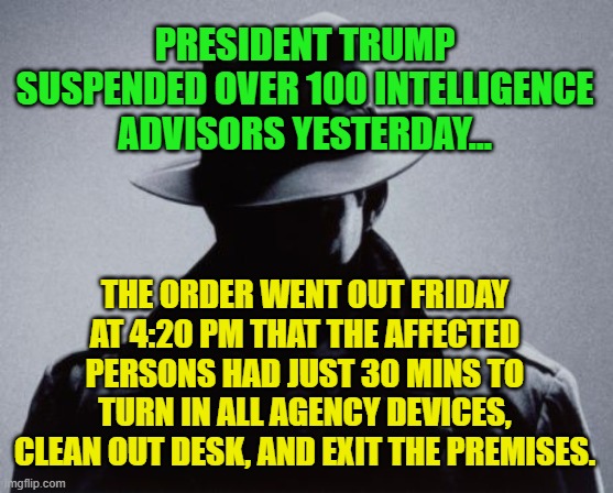 Spy Silhouette | PRESIDENT TRUMP SUSPENDED OVER 100 INTELLIGENCE ADVISORS YESTERDAY... THE ORDER WENT OUT FRIDAY AT 4:20 PM THAT THE AFFECTED PERSONS HAD JUST 30 MINS TO TURN IN ALL AGENCY DEVICES, CLEAN OUT DESK, AND EXIT THE PREMISES. | image tagged in spy silhouette | made w/ Imgflip meme maker
