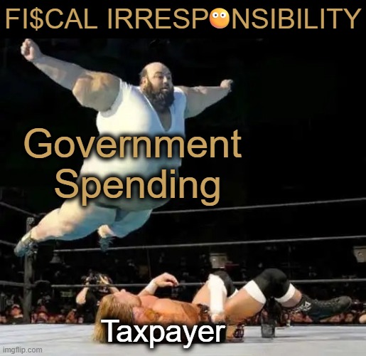 Too Much | 😶; FI$CAL IRRESPONSIBILITY; Government 
Spending; Taxpayer | image tagged in victor vs victim,strong vs weak,big government,government corruption,taxpayer,political humor | made w/ Imgflip meme maker