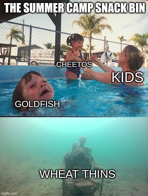 snack time be like... | THE SUMMER CAMP SNACK BIN; CHEETOS; KIDS; GOLDFISH; WHEAT THINS | image tagged in mother ignoring kid drowning in a pool | made w/ Imgflip meme maker