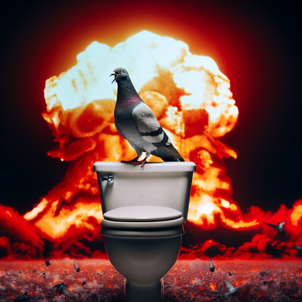 pigeon on a toilet, screaming while explosions in the background Blank Meme Template