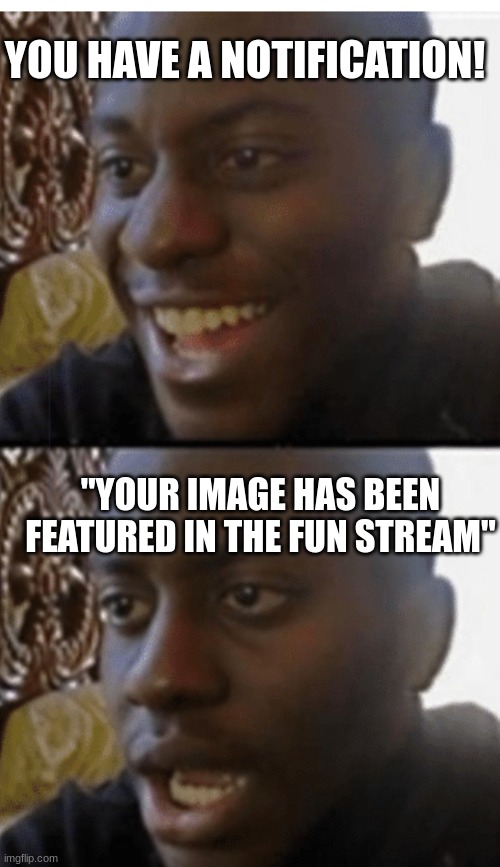 biggest let down of all time | YOU HAVE A NOTIFICATION! "YOUR IMAGE HAS BEEN FEATURED IN THE FUN STREAM" | image tagged in let down | made w/ Imgflip meme maker