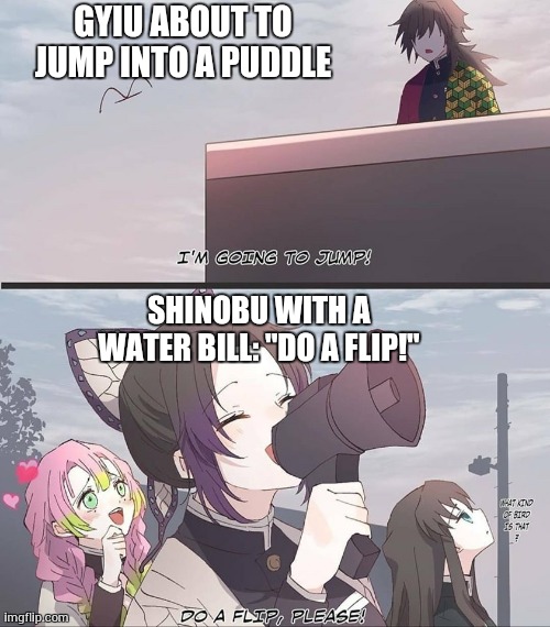 . | GYIU ABOUT TO JUMP INTO A PUDDLE; SHINOBU WITH A WATER BILL: "DO A FLIP!" | image tagged in do a flip please | made w/ Imgflip meme maker