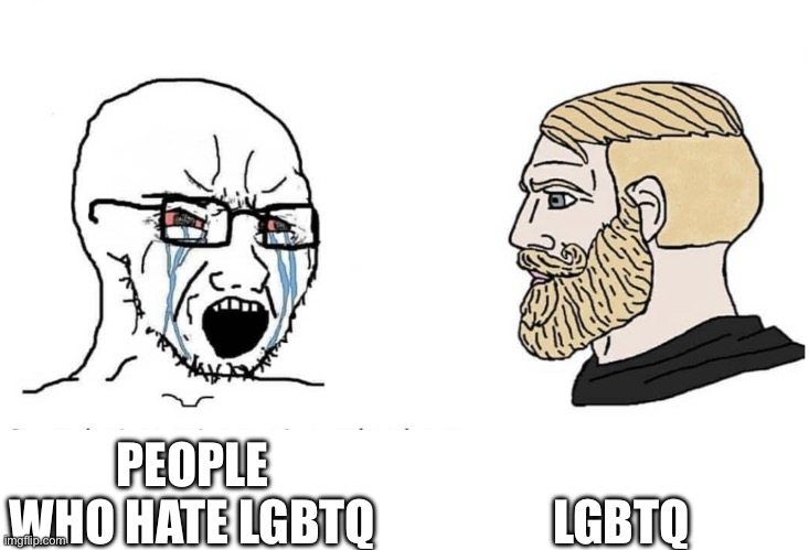 Soyboy Vs Yes Chad | PEOPLE WHO HATE LGBTQ LGBTQ | image tagged in soyboy vs yes chad | made w/ Imgflip meme maker