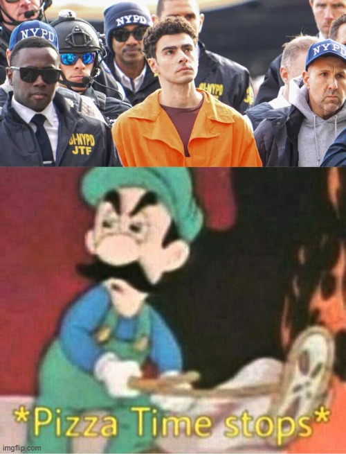 the luigi files | image tagged in pizza time stops,luigi death stare,crime | made w/ Imgflip meme maker