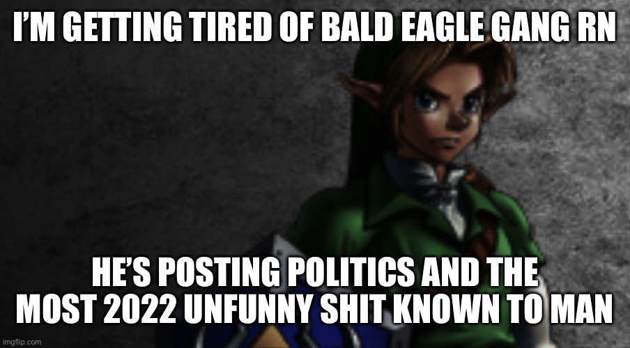 Link prowler stare | I’M GETTING TIRED OF BALD EAGLE GANG RN; HE’S POSTING POLITICS AND THE MOST 2022 UNFUNNY SHIT KNOWN TO MAN | image tagged in link prowler stare | made w/ Imgflip meme maker