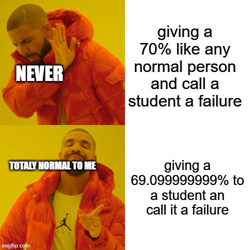 teacher's logic be like | giving a 70% like any normal person and call a student a failure; NEVER; giving a 69.099999999% to a student an call it a failure; TOTALY NORMAL TO ME | image tagged in memes,drake hotline bling | made w/ Imgflip meme maker